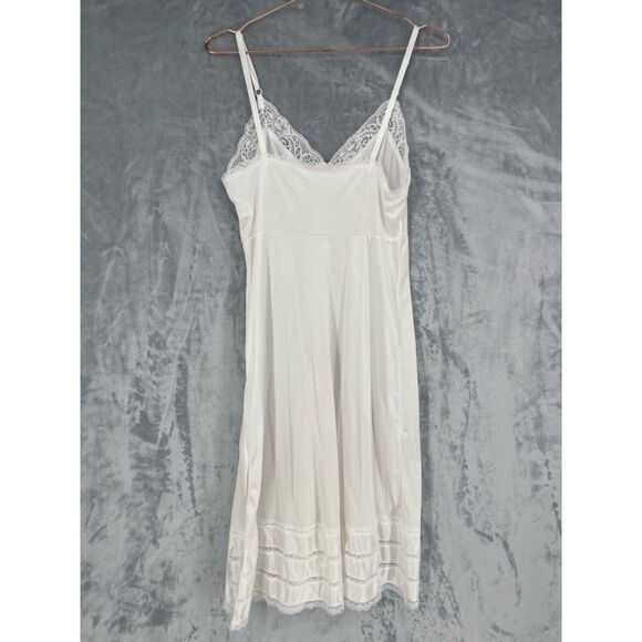 Vintage Adonna Full Slip Womens 36 White Silky Satin Lace V-neck - Picture 4 of 14